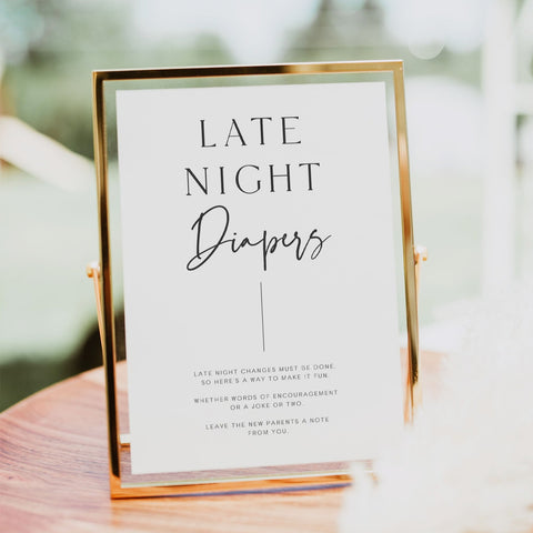 Printable baby shower game late night diapers with a modern minimalist design