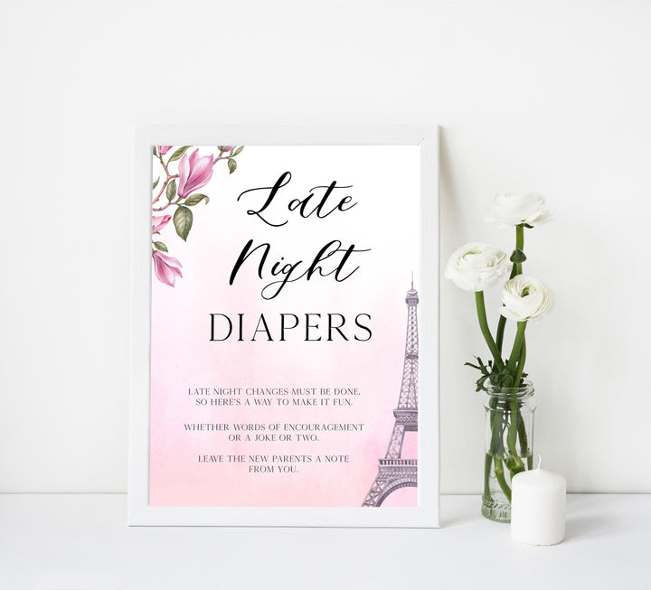 late night diapers game, Paris baby shower games, printable baby shower games, Parisian baby shower games, fun baby shower games
