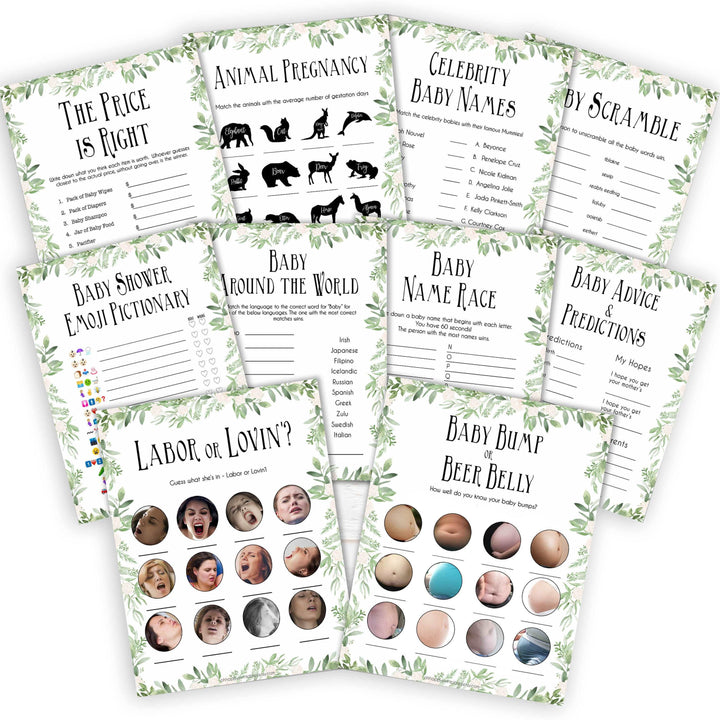 Greenery 10 Baby Shower Games, Printable Baby Shower Games, Baby Shower Games Pack, Green Baby Games, Baby Shower Pack, Baby Shower, printable baby shower games, fun baby shower games, popular baby shower games