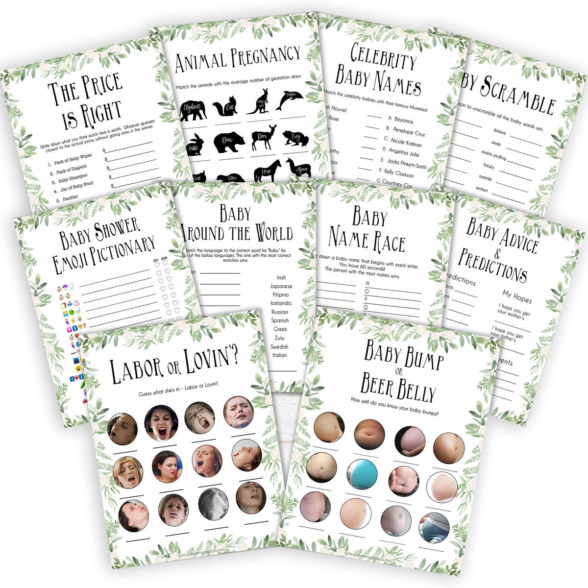 Greenery 10 Baby Shower Games, Printable Baby Shower Games, Baby Shower Games Pack, Green Baby Games, Baby Shower Pack, Baby Shower, printable baby shower games, fun baby shower games, popular baby shower games