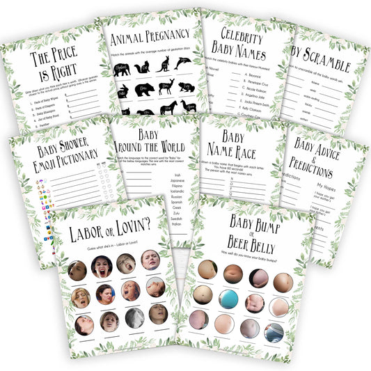 Greenery 10 Baby Shower Games, Printable Baby Shower Games, Baby Shower Games Pack, Green Baby Games, Baby Shower Pack, Baby Shower, printable baby shower games, fun baby shower games, popular baby shower games