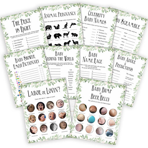 Greenery 10 Baby Shower Games, Printable Baby Shower Games, Baby Shower Games Pack, Green Baby Games, Baby Shower Pack, Baby Shower, printable baby shower games, fun baby shower games, popular baby shower games