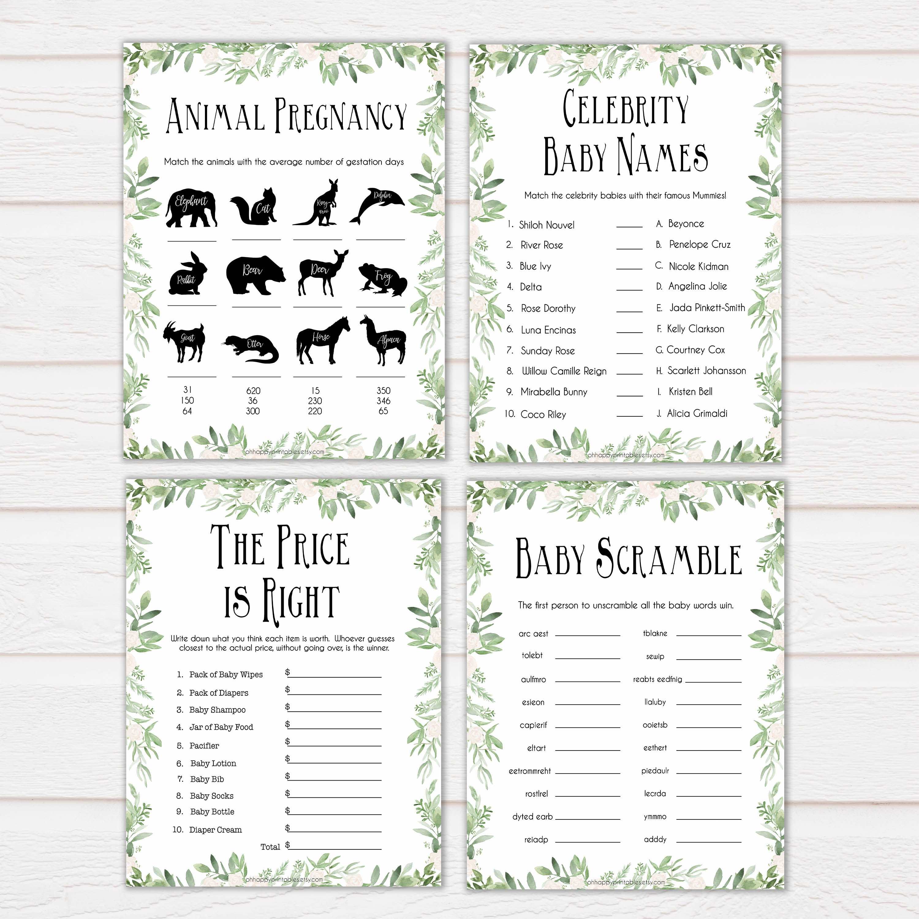 Greenery 10 Baby Shower Games, Printable Baby Shower Games, Baby Shower Games Pack, Green Baby Games, Baby Shower Pack, Baby Shower, printable baby shower games, fun baby shower games, popular baby shower games
