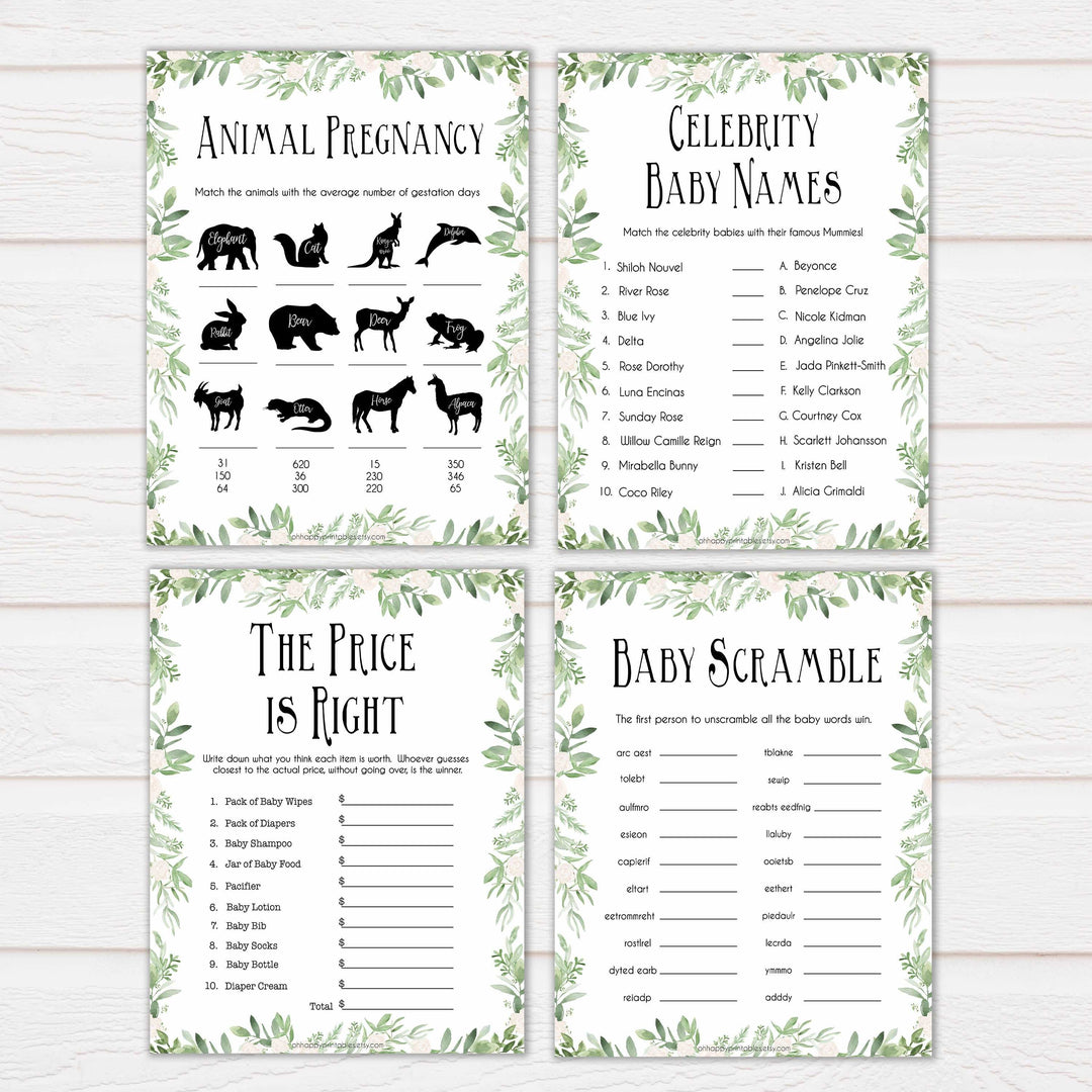 Greenery 10 Baby Shower Games, Printable Baby Shower Games, Baby Shower Games Pack, Green Baby Games, Baby Shower Pack, Baby Shower, printable baby shower games, fun baby shower games, popular baby shower games