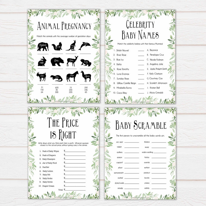Greenery 10 Baby Shower Games, Printable Baby Shower Games, Baby Shower Games Pack, Green Baby Games, Baby Shower Pack, Baby Shower, printable baby shower games, fun baby shower games, popular baby shower games