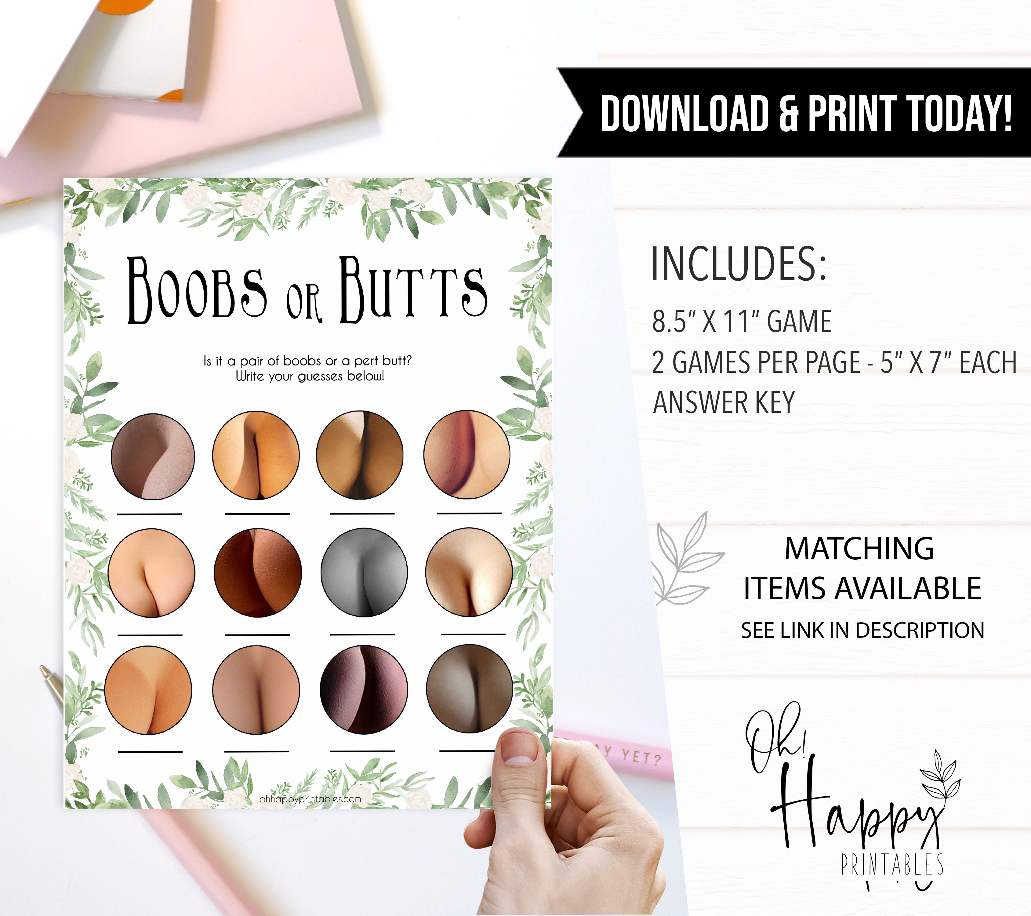 Greenery Boobs or Butts Game, Printable Baby Shower Games, Boobs or Butts Game, Leaf Baby Shower Games, Boobs Baby Game, Fun Baby Games, fun baby shower games, popular baby shower games