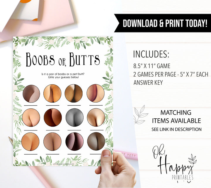 Greenery Boobs or Butts Game, Printable Baby Shower Games, Boobs or Butts Game, Leaf Baby Shower Games, Boobs Baby Game, Fun Baby Games, fun baby shower games, popular baby shower games