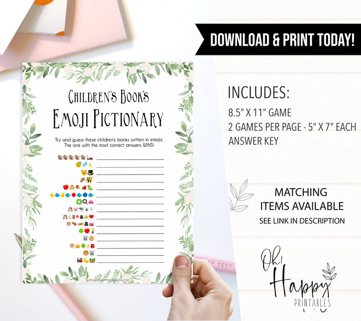 Greenery Childrens Books Emoji Pictionary, Childrens Book Emoji Game, Green Baby Shower Emoji Pictionary, Baby Games, Baby Shower Emoji , printable baby shower games, fun baby shower games, popular baby shower games