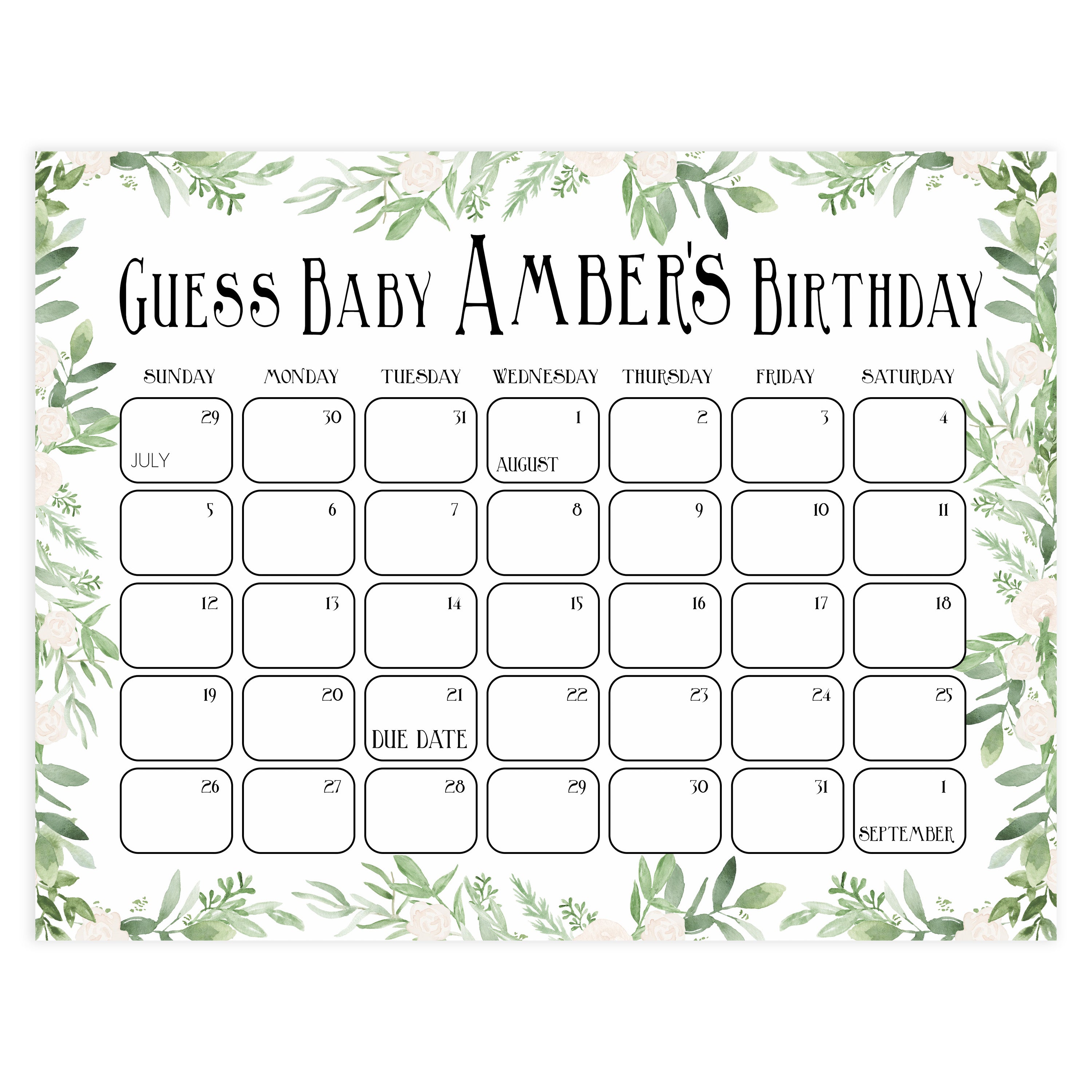 guess the baby birthday game, baby birthday predictions game, greenery baby game, fun baby shower games