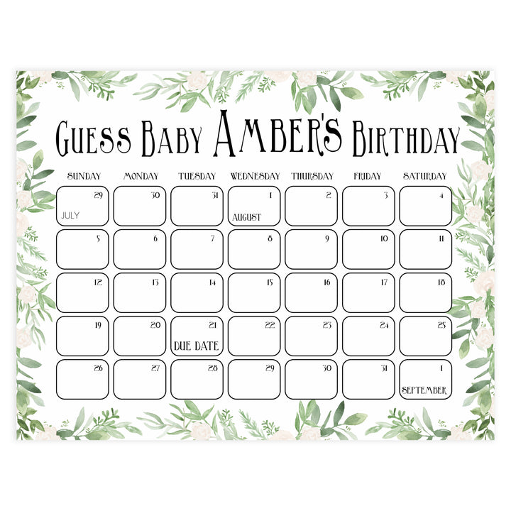 guess the baby birthday game, baby birthday predictions game, greenery baby game, fun baby shower games