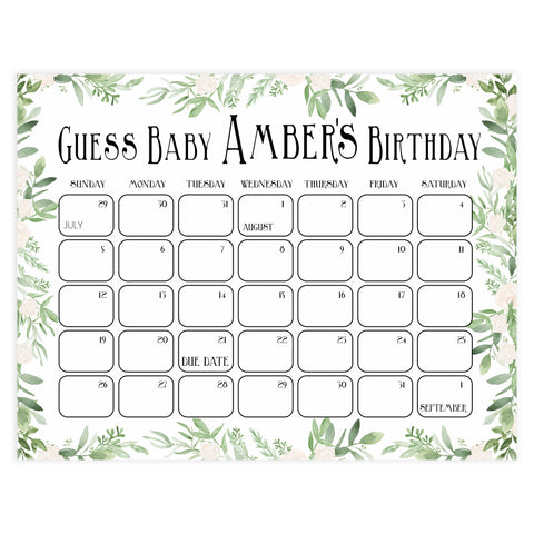 guess the baby birthday game, baby birthday predictions game, greenery baby game, fun baby shower games
