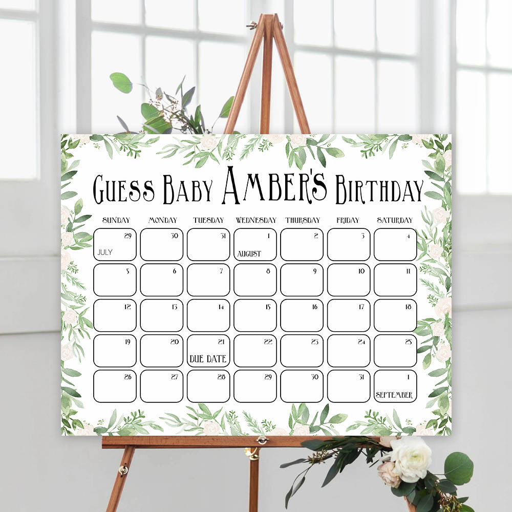 guess the baby birthday game, baby birthday predictions game, greenery baby game, fun baby shower games