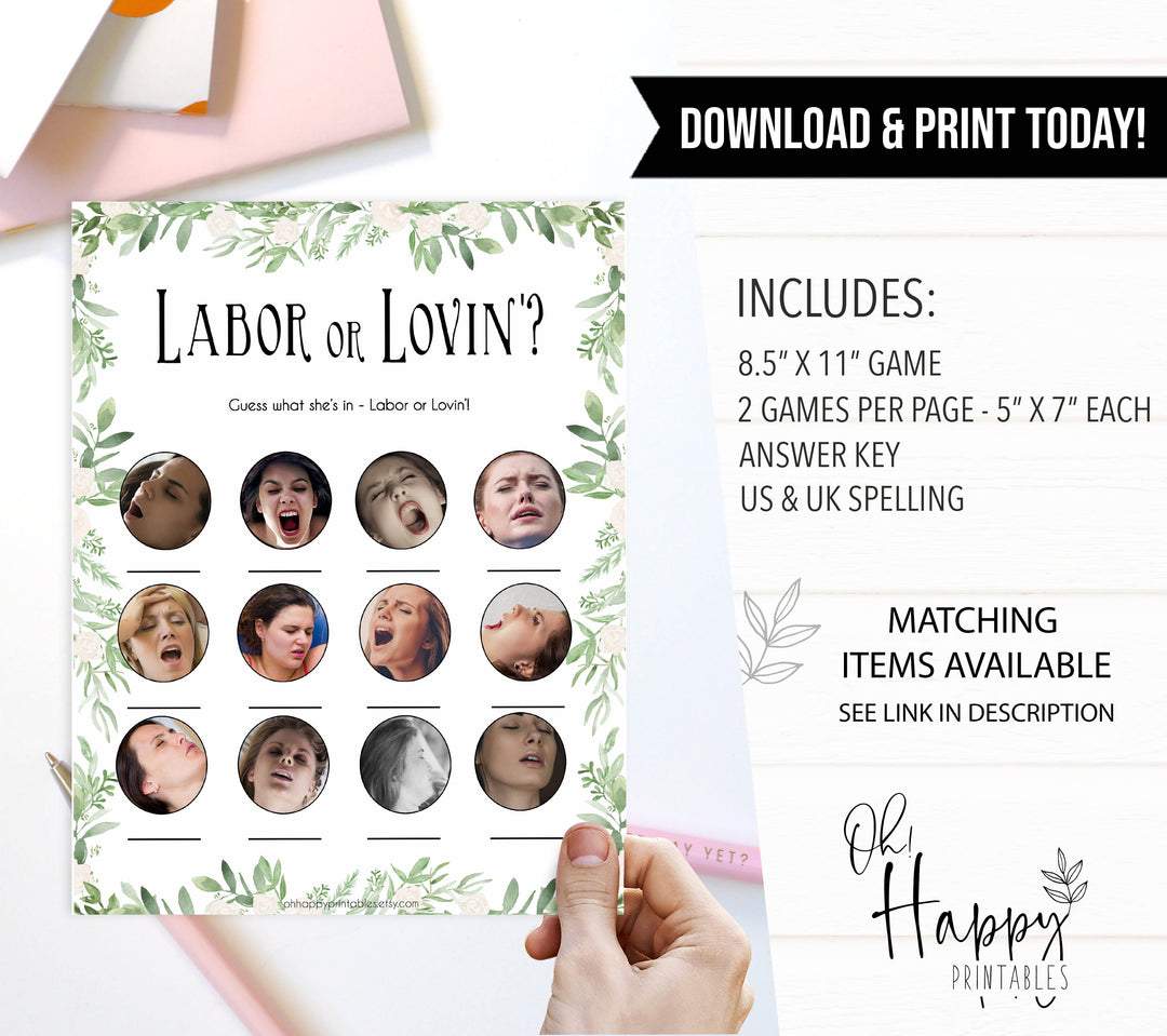 Green Leaf Labour or Lovin Game, Funny Baby Shower Games, Labour or Lovin, Instant Download, Lovin or Labor Game, Labor or Lovin Game, printable baby shower games, fun baby games, popular baby games