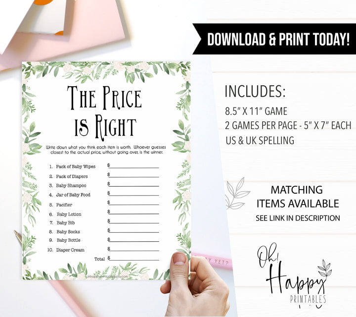 Greenery Price Is Right Baby Shower Game, Greenery Guess The Price Games, Floral Green Baby Shower Price Games, Price Is Right Game, printable baby games, fun baby games, popular baby games