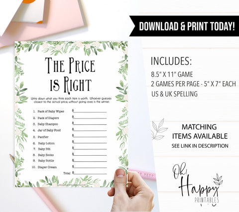 Greenery Price Is Right Baby Shower Game, Greenery Guess The Price Games, Floral Green Baby Shower Price Games, Price Is Right Game, printable baby games, fun baby games, popular baby games