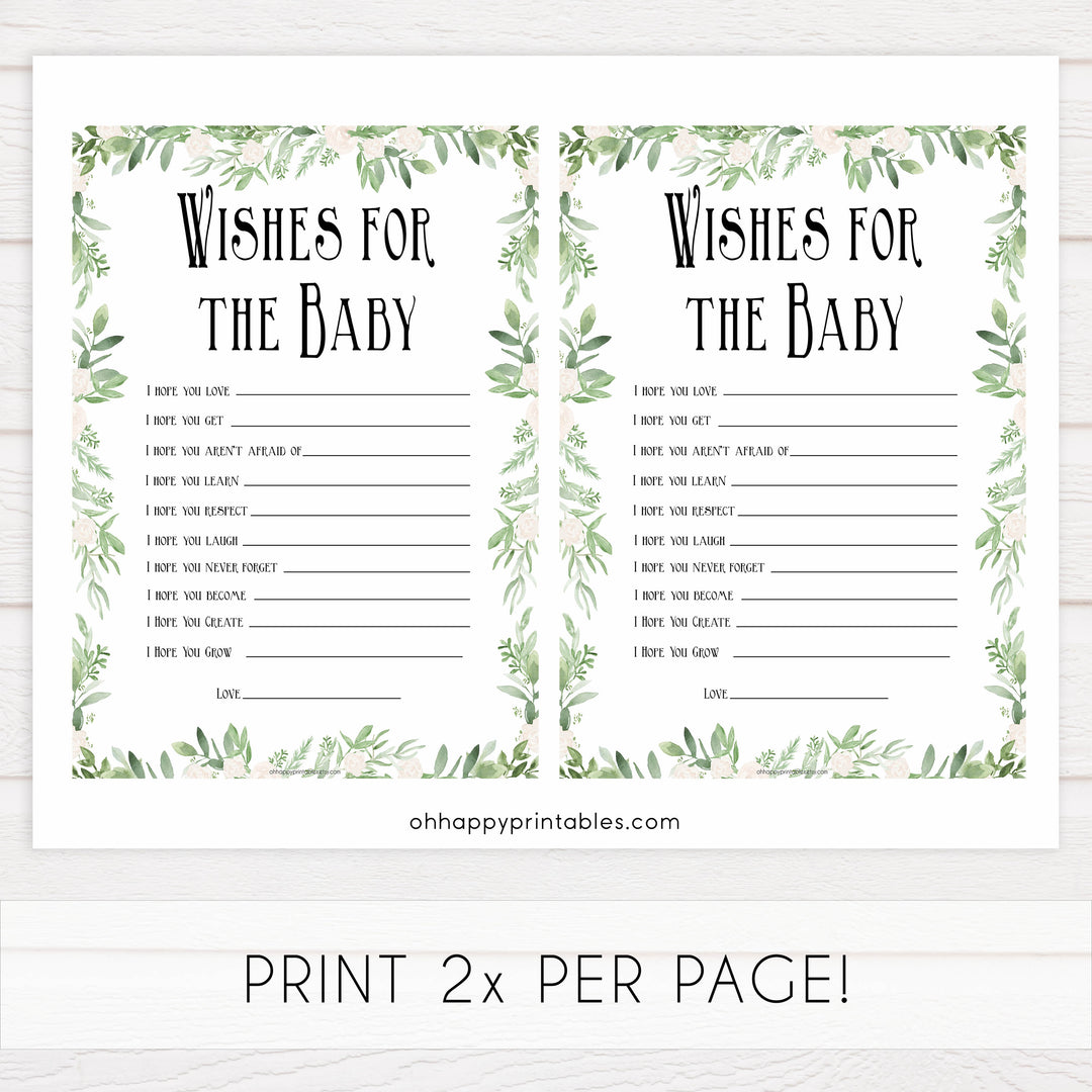 Greenery Wishes For The Baby, Baby Wishes, Wishes for The Baby, Green Floral Baby Shower, Baby Shower Baby Wishes, Baby Wishes Cards, fun baby games, popular baby games