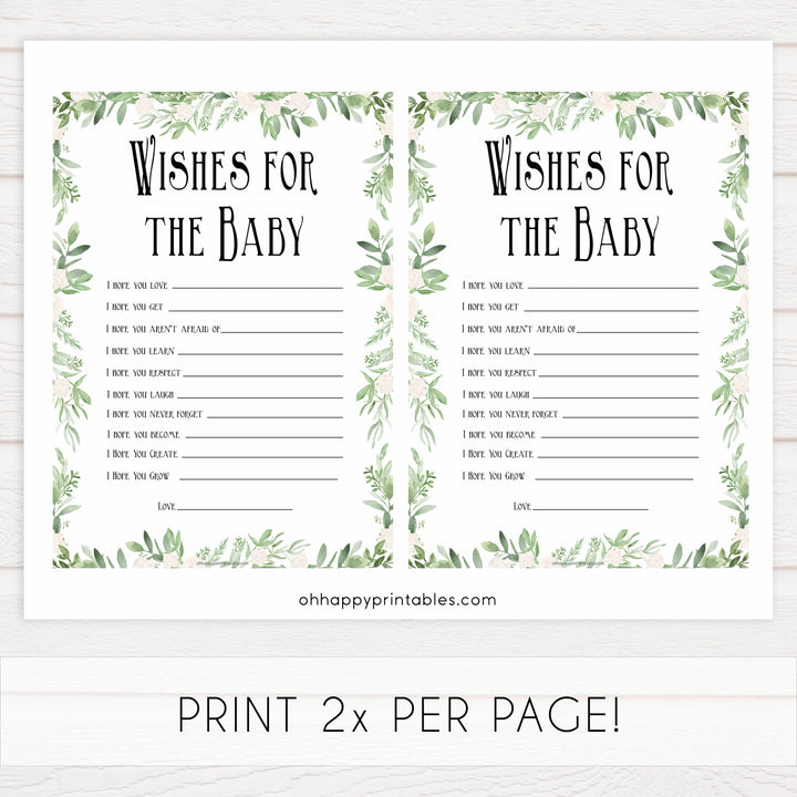 Greenery Wishes For The Baby, Baby Wishes, Wishes for The Baby, Green Floral Baby Shower, Baby Shower Baby Wishes, Baby Wishes Cards, fun baby games, popular baby games