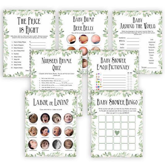 Greenery Baby Shower Games Pack, 7 Baby Shower Games Bundle, Botanical Baby Shower Games, Green Baby Shower Ideas, printable baby games, fun baby games, popular baby games