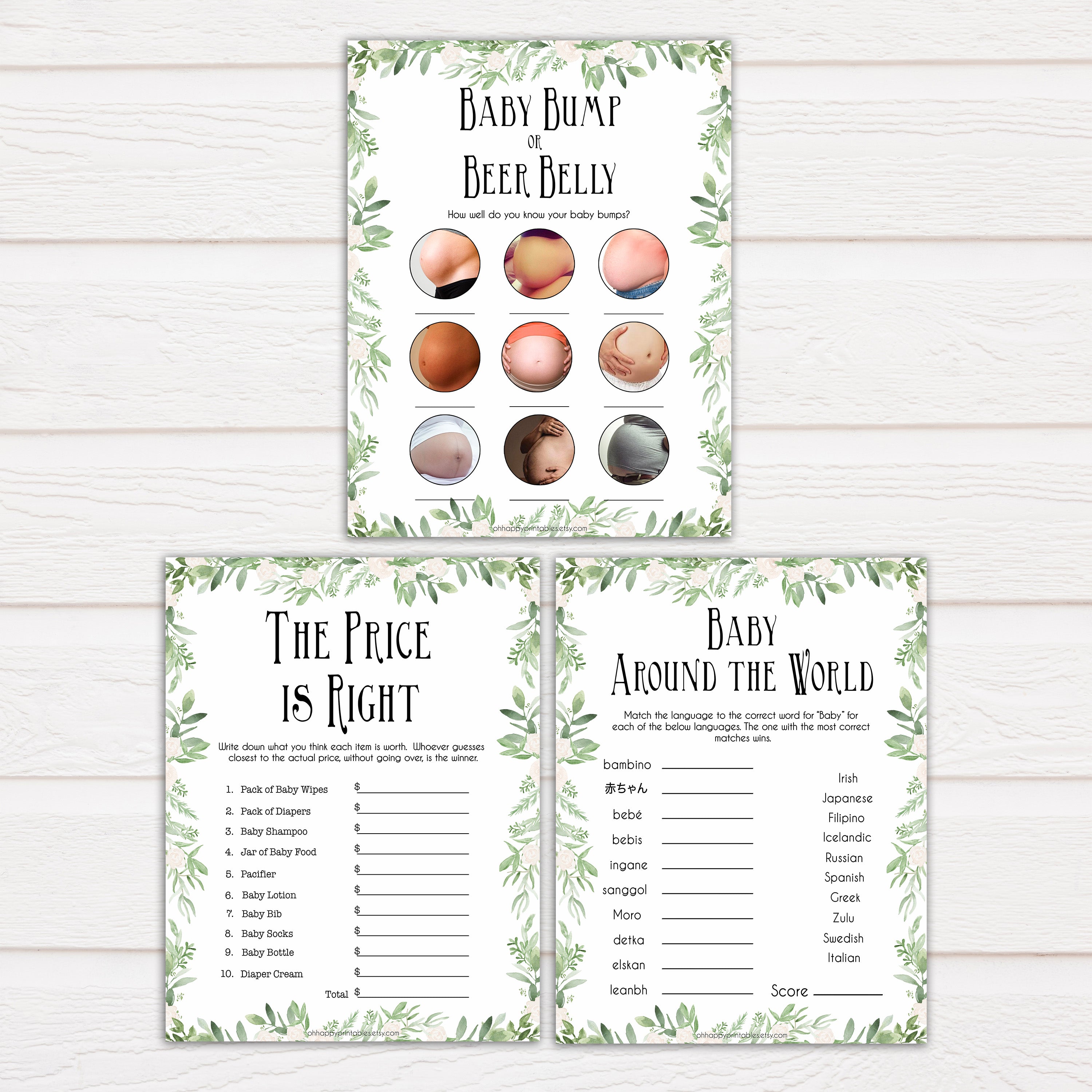 Greenery Baby Shower Games Pack, 7 Baby Shower Games Bundle, Botanical Baby Shower Games, Green Baby Shower Ideas, printable baby games, fun baby games, popular baby games