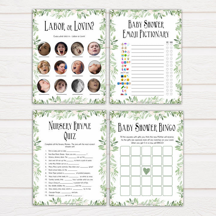 Greenery Baby Shower Games Pack, 7 Baby Shower Games Bundle, Botanical Baby Shower Games, Green Baby Shower Ideas, printable baby games, fun baby games, popular baby games