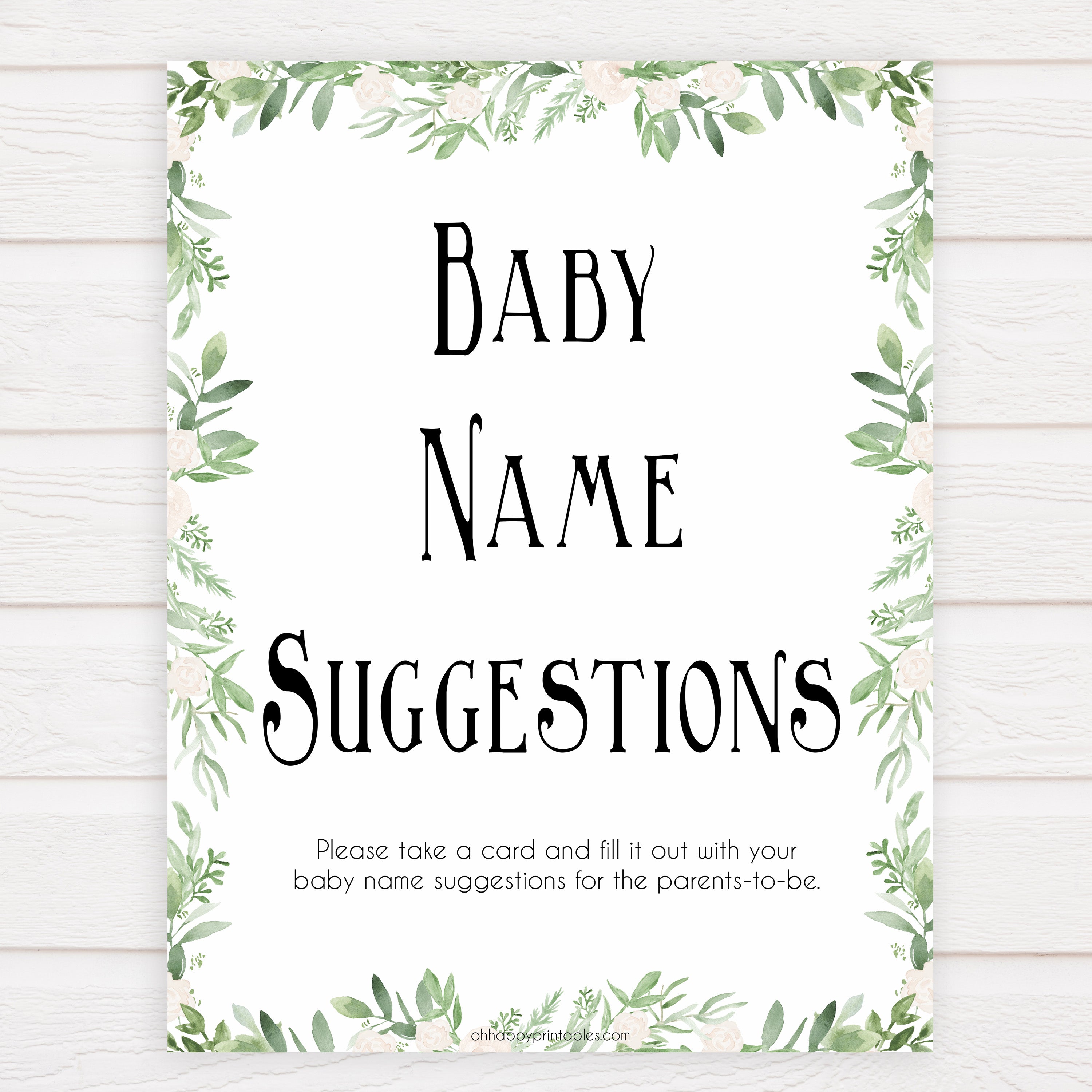 greenery baby name suggestion game, baby name suggestion keepsake, baby shower games, printable baby games, printable baby keepsake, fun baby games
