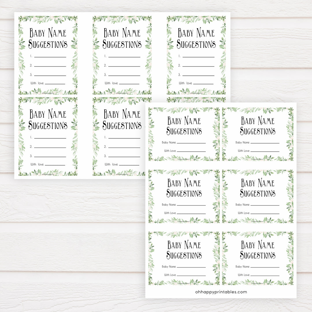 greenery baby name suggestion game, baby name suggestion keepsake, baby shower games, printable baby games, printable baby keepsake, fun baby games