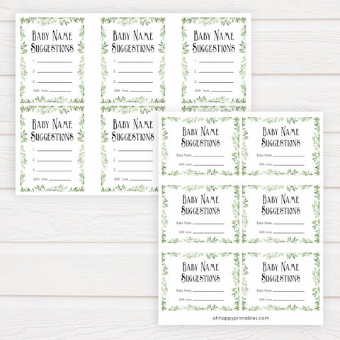 greenery baby name suggestion game, baby name suggestion keepsake, baby shower games, printable baby games, printable baby keepsake, fun baby games