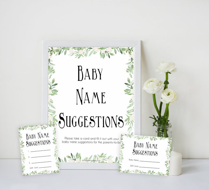 greenery baby name suggestion game, baby name suggestion keepsake, baby shower games, printable baby games, printable baby keepsake, fun baby games