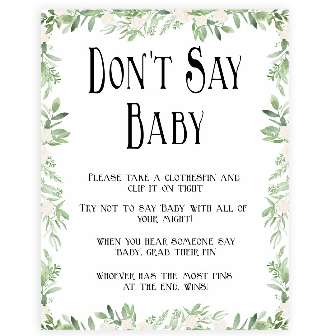 Green Leaf Don't Say Baby, Don't Say Baby Sign, Greenery Don't Say Baby Game, Green Baby Shower Games, Dont Say Game, Green Baby Shower, printable baby shower games, fun baby shower games, popular baby shower games