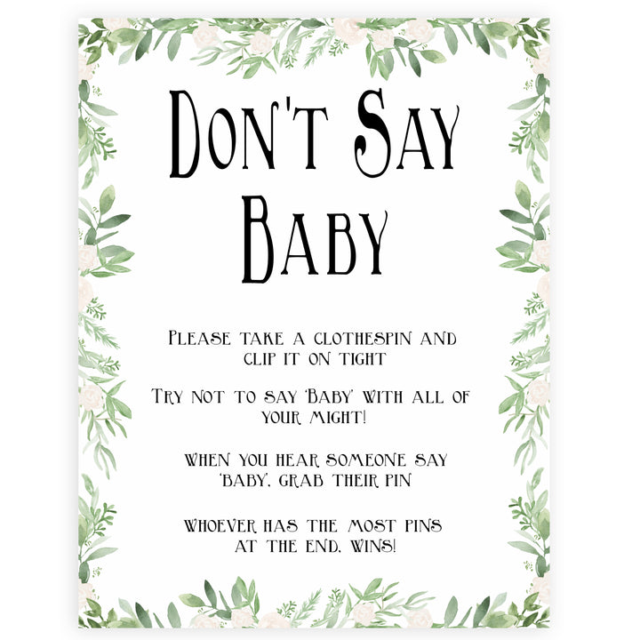 Green Leaf Don't Say Baby, Don't Say Baby Sign, Greenery Don't Say Baby Game, Green Baby Shower Games, Dont Say Game, Green Baby Shower, printable baby shower games, fun baby shower games, popular baby shower games