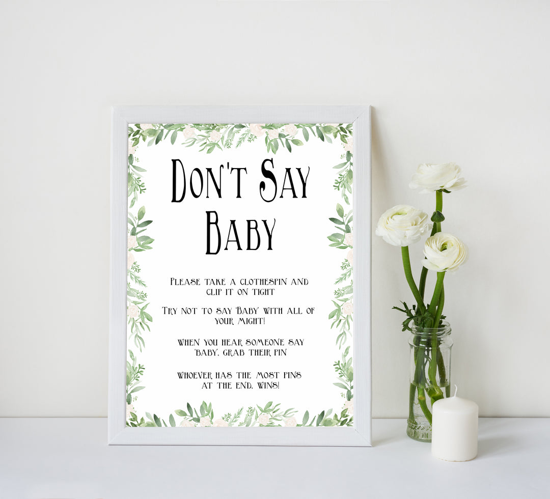 Green Leaf Don't Say Baby, Don't Say Baby Sign, Greenery Don't Say Baby Game, Green Baby Shower Games, Dont Say Game, Green Baby Shower, printable baby shower games, fun baby shower games, popular baby shower games