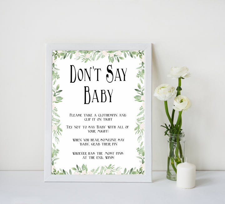 Green Leaf Don't Say Baby, Don't Say Baby Sign, Greenery Don't Say Baby Game, Green Baby Shower Games, Dont Say Game, Green Baby Shower, printable baby shower games, fun baby shower games, popular baby shower games