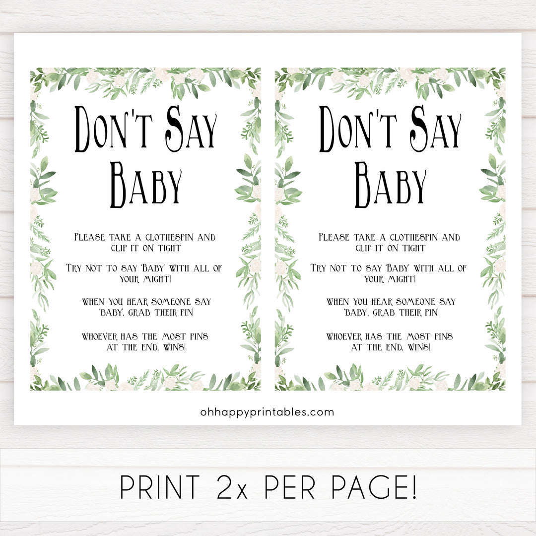 Green Leaf Don't Say Baby, Don't Say Baby Sign, Greenery Don't Say Baby Game, Green Baby Shower Games, Dont Say Game, Green Baby Shower, printable baby shower games, fun baby shower games, popular baby shower games