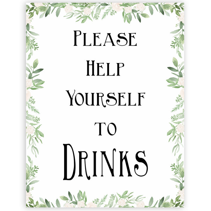 greenery drinks baby shower signs, printable baby signs, baby shower table signs, floral baby signs