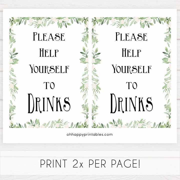 greenery drinks baby shower signs, printable baby signs, baby shower table signs, floral baby signs