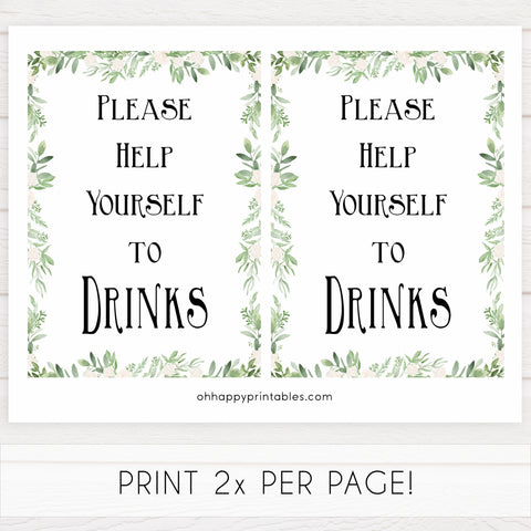 greenery drinks baby shower signs, printable baby signs, baby shower table signs, floral baby signs