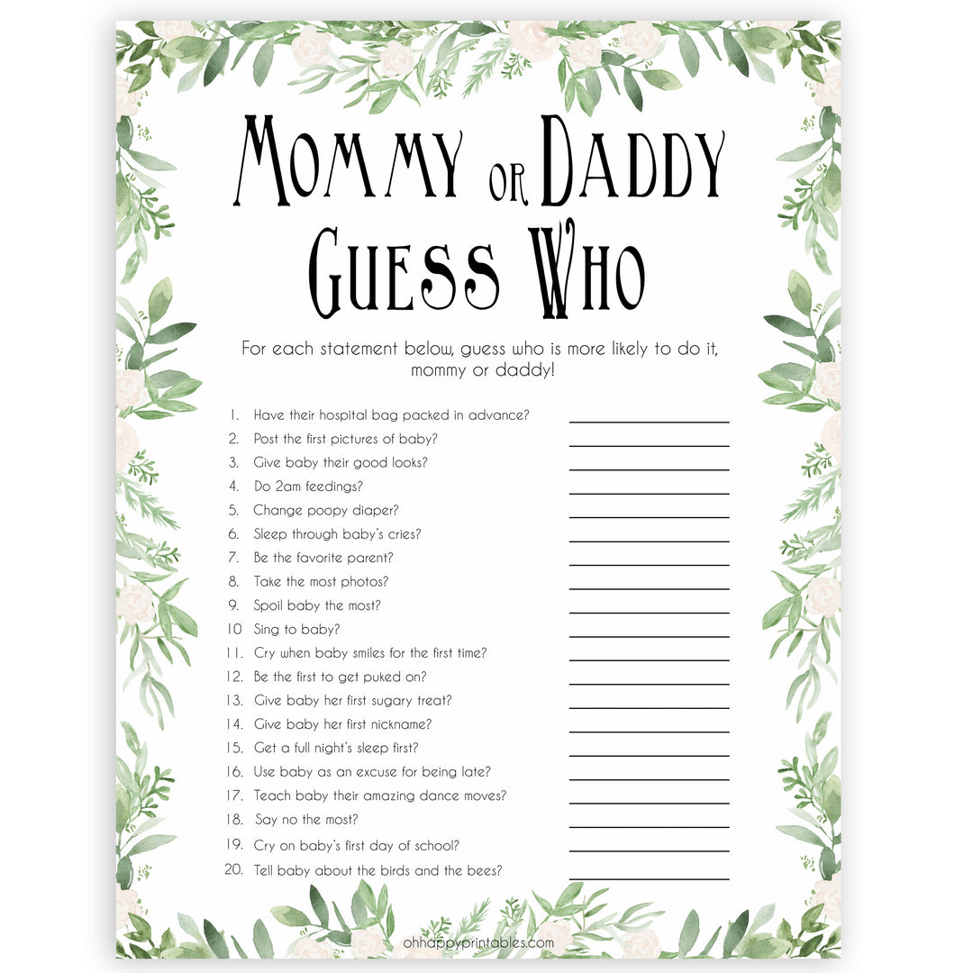 Mommy or Daddy Guess Who Baby Game, Printable Baby Shower Games,Greenery Baby Games, Floral Guess Who Baby Game, Mommy Daddy Guess Who, printable baby shower games, fun baby shower games, popular baby shower games