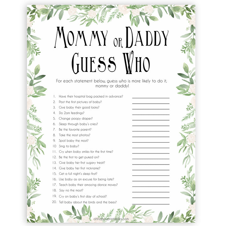 Mommy or Daddy Guess Who Baby Game, Printable Baby Shower Games,Greenery Baby Games, Floral Guess Who Baby Game, Mommy Daddy Guess Who, printable baby shower games, fun baby shower games, popular baby shower games
