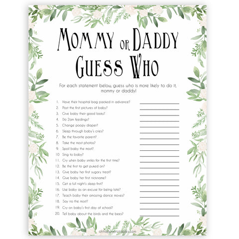 Mommy or Daddy Guess Who Baby Game, Printable Baby Shower Games,Greenery Baby Games, Floral Guess Who Baby Game, Mommy Daddy Guess Who, printable baby shower games, fun baby shower games, popular baby shower games
