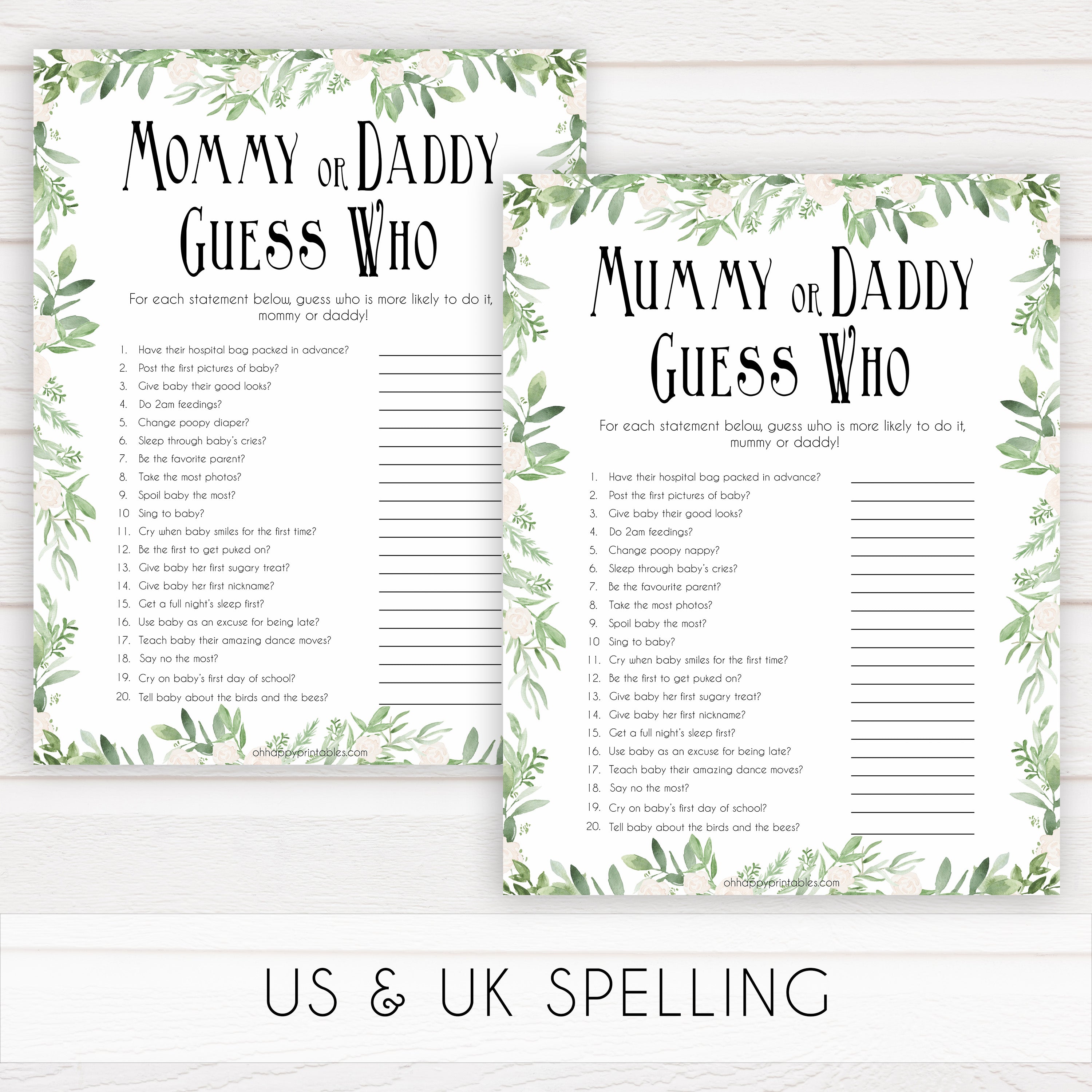 Guess Who's Most Like to Say Baby Game Green Leaf Baby Shower