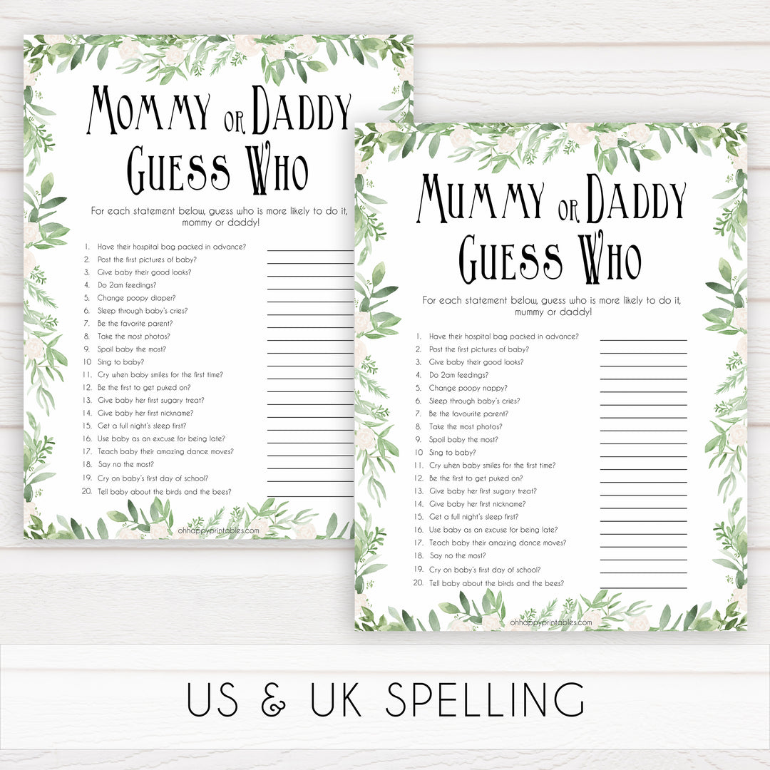 Mommy or Daddy Guess Who Baby Game, Printable Baby Shower Games,Greenery Baby Games, Floral Guess Who Baby Game, Mommy Daddy Guess Who, printable baby shower games, fun baby shower games, popular baby shower games