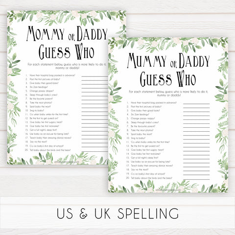 Mommy or Daddy Guess Who Baby Game, Printable Baby Shower Games,Greenery Baby Games, Floral Guess Who Baby Game, Mommy Daddy Guess Who, printable baby shower games, fun baby shower games, popular baby shower games