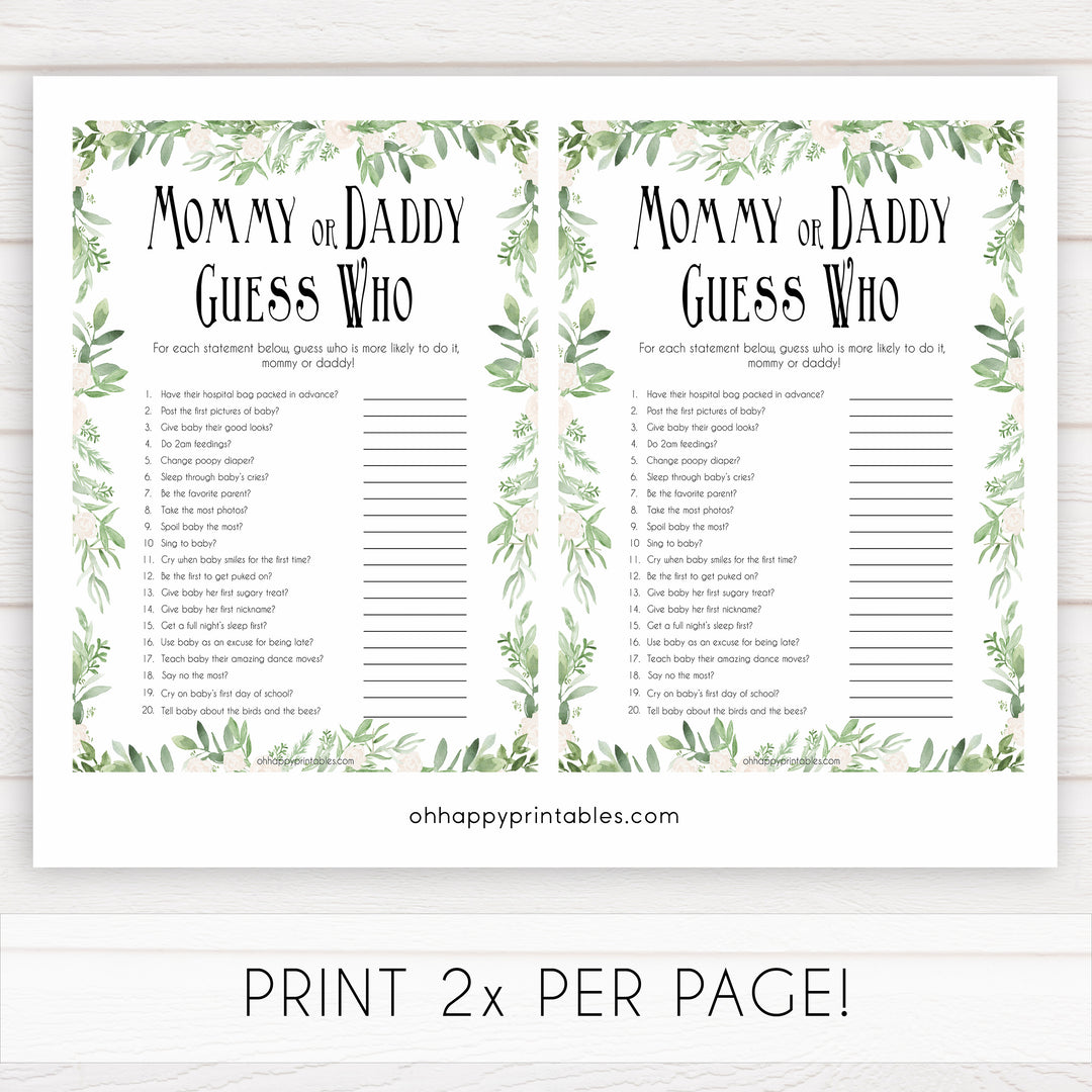 Mommy or Daddy Guess Who Baby Game, Printable Baby Shower Games,Greenery Baby Games, Floral Guess Who Baby Game, Mommy Daddy Guess Who, printable baby shower games, fun baby shower games, popular baby shower games