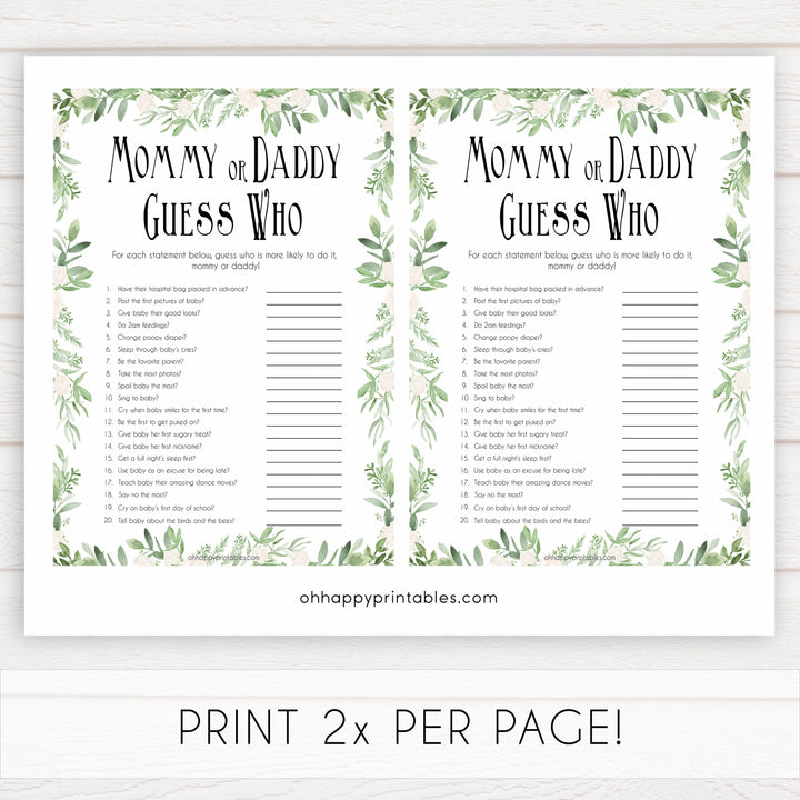 Mommy or Daddy Guess Who Baby Game, Printable Baby Shower Games,Greenery Baby Games, Floral Guess Who Baby Game, Mommy Daddy Guess Who, printable baby shower games, fun baby shower games, popular baby shower games