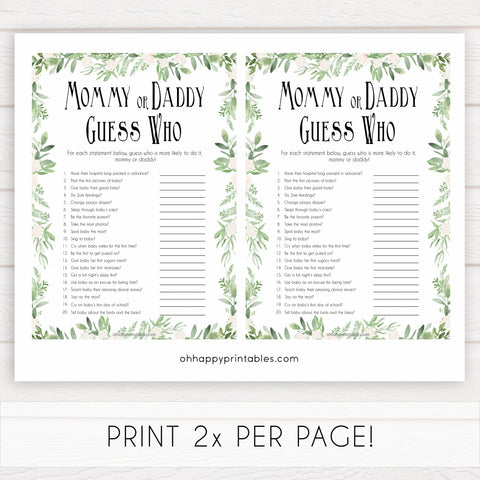 Mommy or Daddy Guess Who Baby Game, Printable Baby Shower Games,Greenery Baby Games, Floral Guess Who Baby Game, Mommy Daddy Guess Who, printable baby shower games, fun baby shower games, popular baby shower games