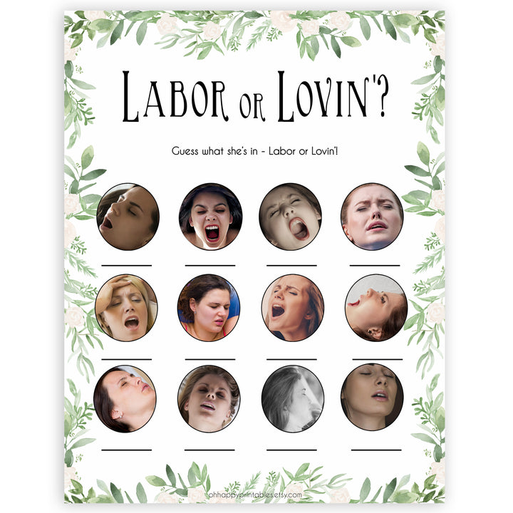 Green Leaf Labour or Lovin Game, Funny Baby Shower Games, Labour or Lovin, Instant Download, Lovin or Labor Game, Labor or Lovin Game, printable baby shower games, fun baby games, popular baby games