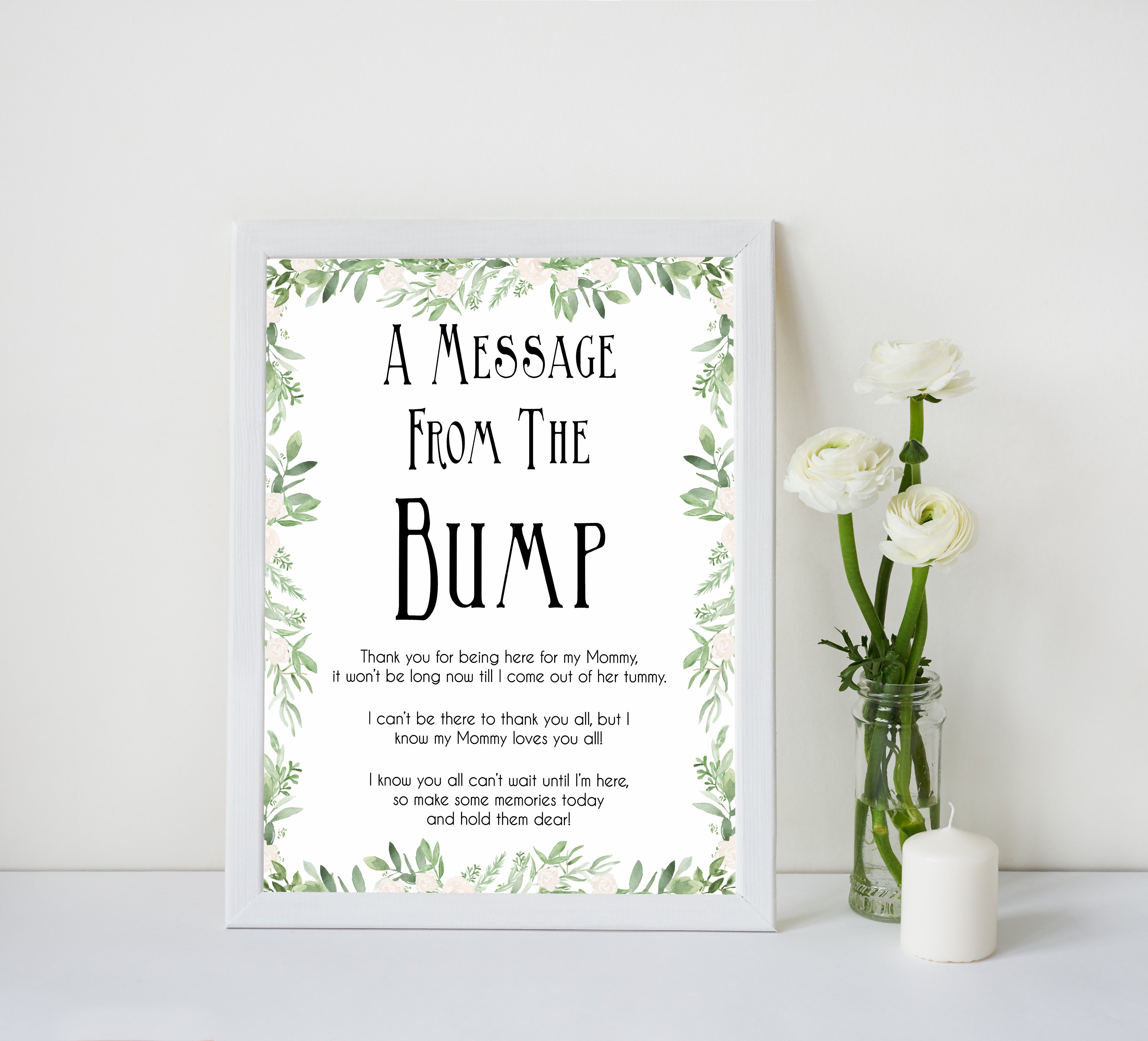 Greenery Message From Baby, Baby Shower Signs, Printable Baby Shower Signs, Baby Bump, Message From Bump, Floral Baby Signs, fun baby games, popular baby games