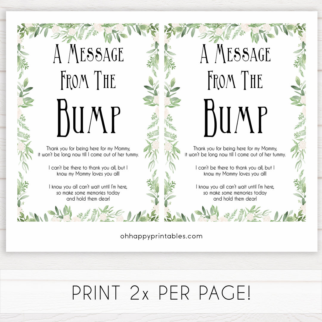 Greenery Message From Baby, Baby Shower Signs, Printable Baby Shower Signs, Baby Bump, Message From Bump, Floral Baby Signs, fun baby games, popular baby games