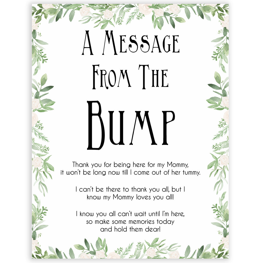 Greenery Message From Baby, Baby Shower Signs, Printable Baby Shower Signs, Baby Bump, Message From Bump, Floral Baby Signs, fun baby games, popular baby games