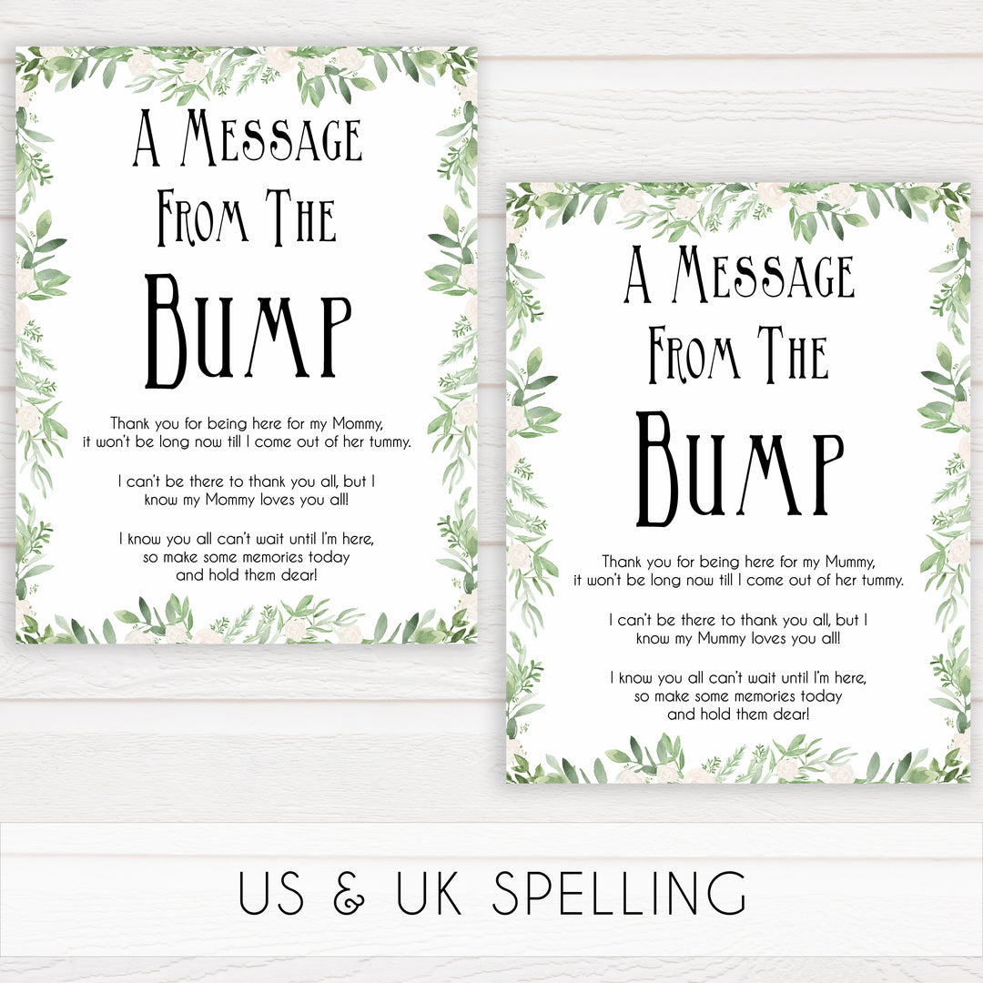 Greenery Message From Baby, Baby Shower Signs, Printable Baby Shower Signs, Baby Bump, Message From Bump, Floral Baby Signs, fun baby games, popular baby games